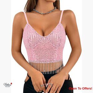 Sparkle Sequin V Neck Crop Top Spaghetti Strap Tank Top Cami